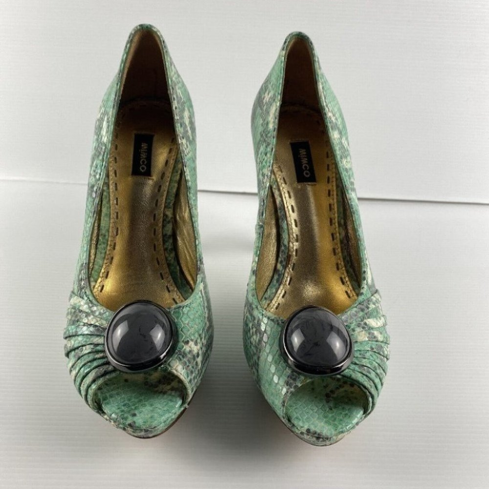 Women's Mimco Size 37 Green Reptile Print Peep Toe Stiletto High Heel Shoes - Picture 2 of 10